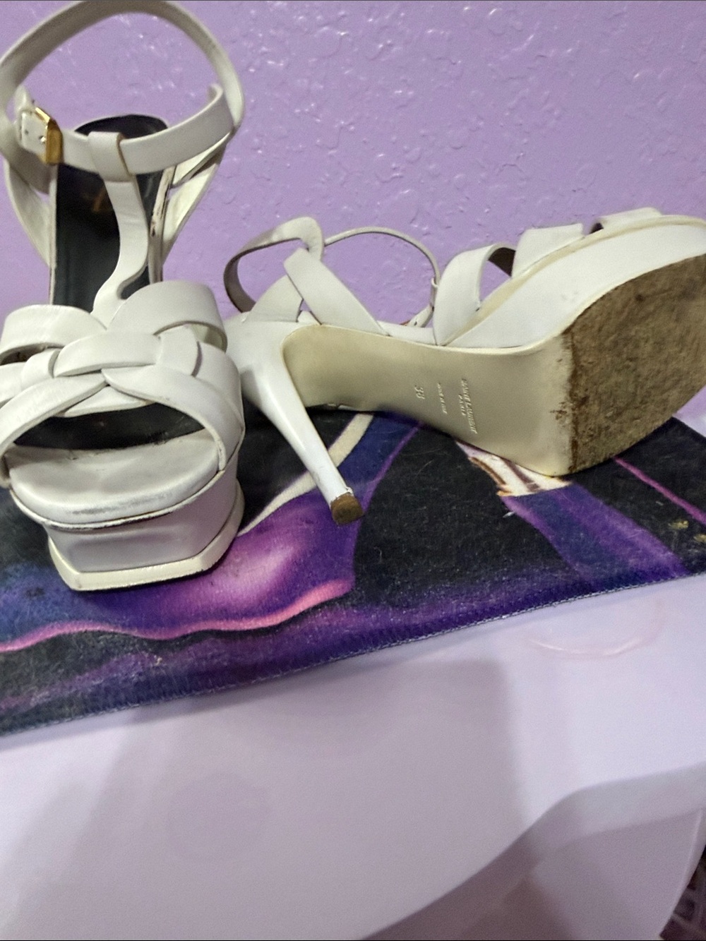 Yves Saint Laurent Ivory Braided Leather Platform Heels - Picture 3 of 5